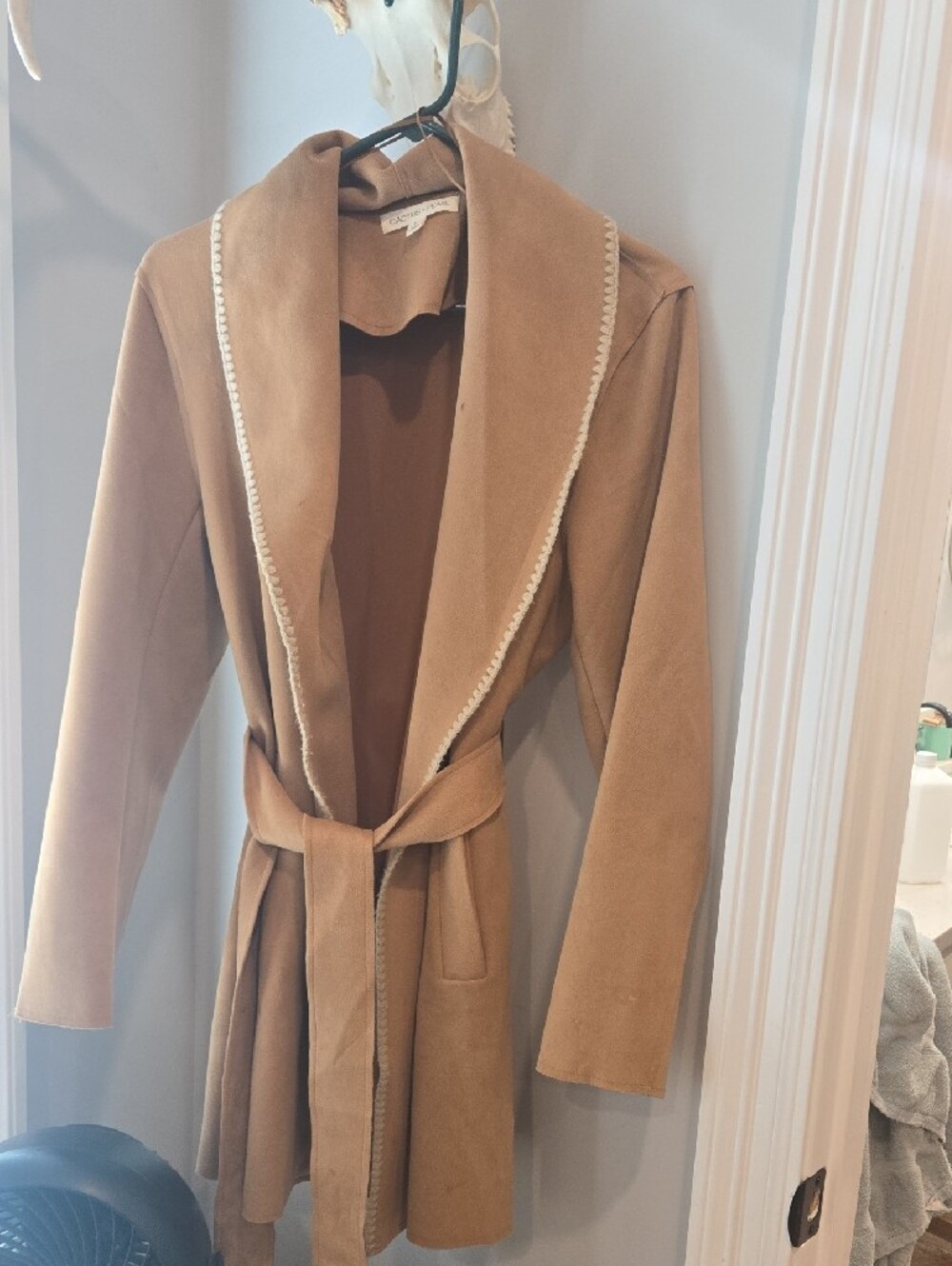 Women's Camel Trench Coat with Shearling Trim - Picture 2 of 3